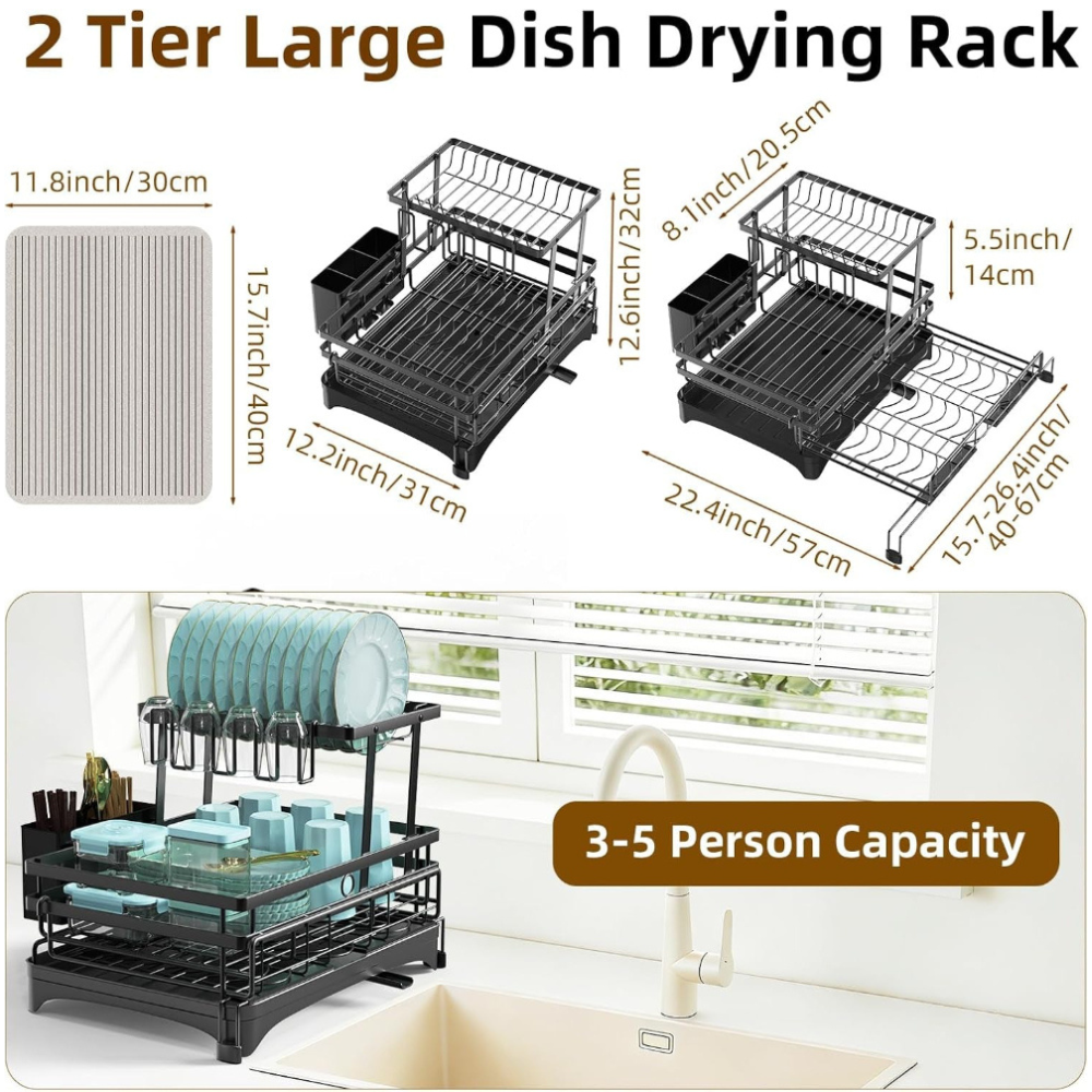 2-Tier Dish Drying Rack – Expandable Kitchen Organizer