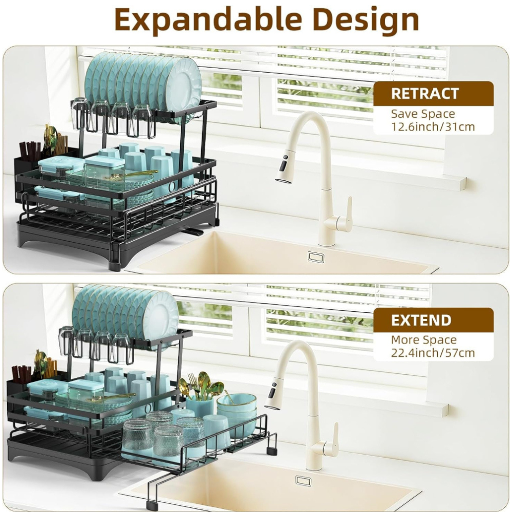 2-Tier Dish Drying Rack – Expandable Kitchen Organizer