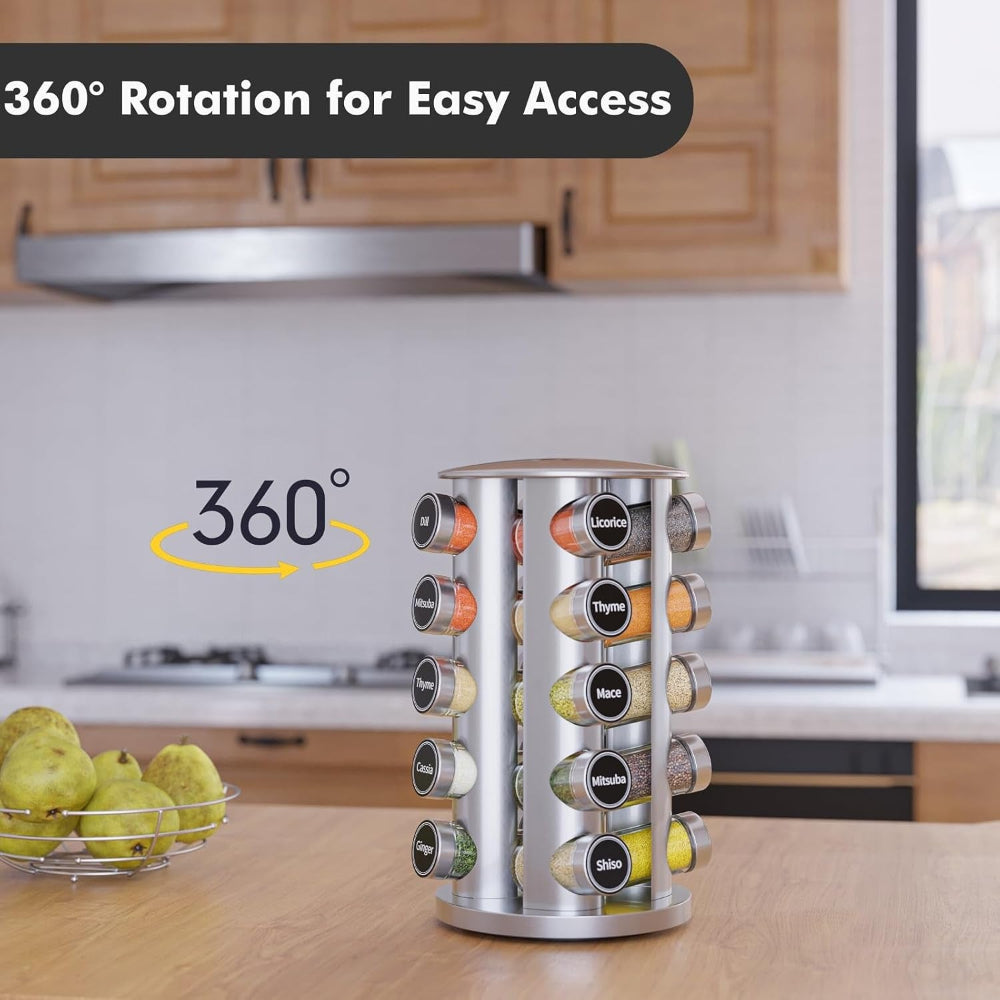 Revolving Spice Rack Set with 20 Spice Jars, Kitchen Spice Tower Organizer for Countertop or Cabinet - Carousel Storage Includes 386 Spice Labels (Silver)