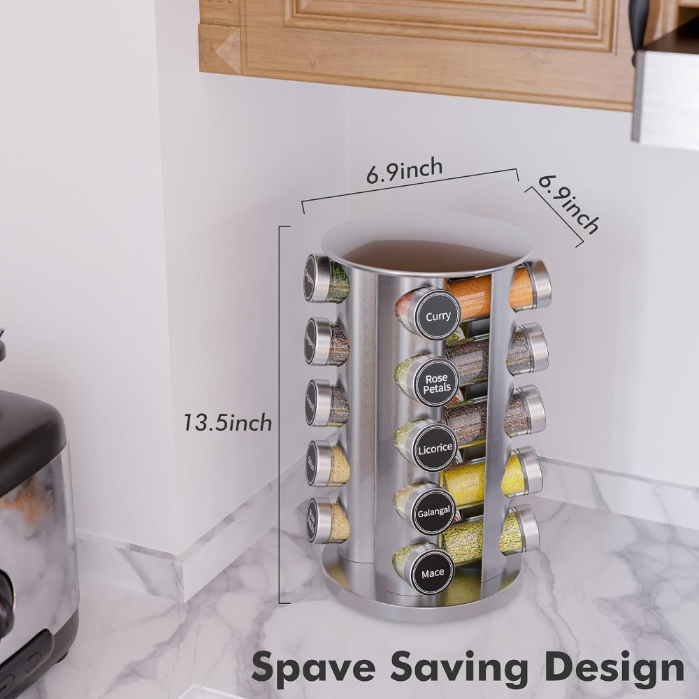 Revolving Spice Rack Set with 20 Spice Jars, Kitchen Spice Tower Organizer for Countertop or Cabinet - Carousel Storage Includes 386 Spice Labels (Silver)