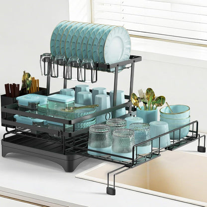 2 Tier Dish Drying Rack, 2-In-1 Expandable Dish Racks for Kitchen Counter, Anti-Rust Large Drainers for Kitchen Sink with Drying Mat, Cups Holder, Utensil Holder